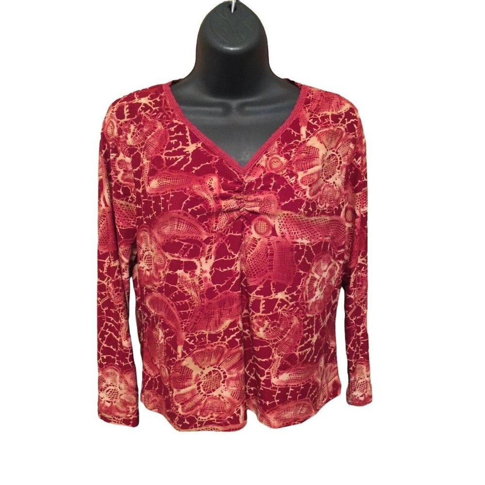 California Concepts Top Womens Size M Long Sleeve Red Beige Stretch Blouse